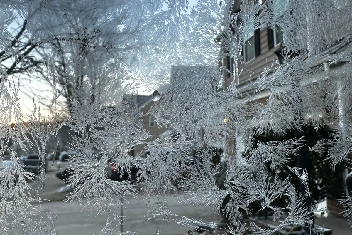Frost patterns on a window overlooking a suburban street on a cold winter morning