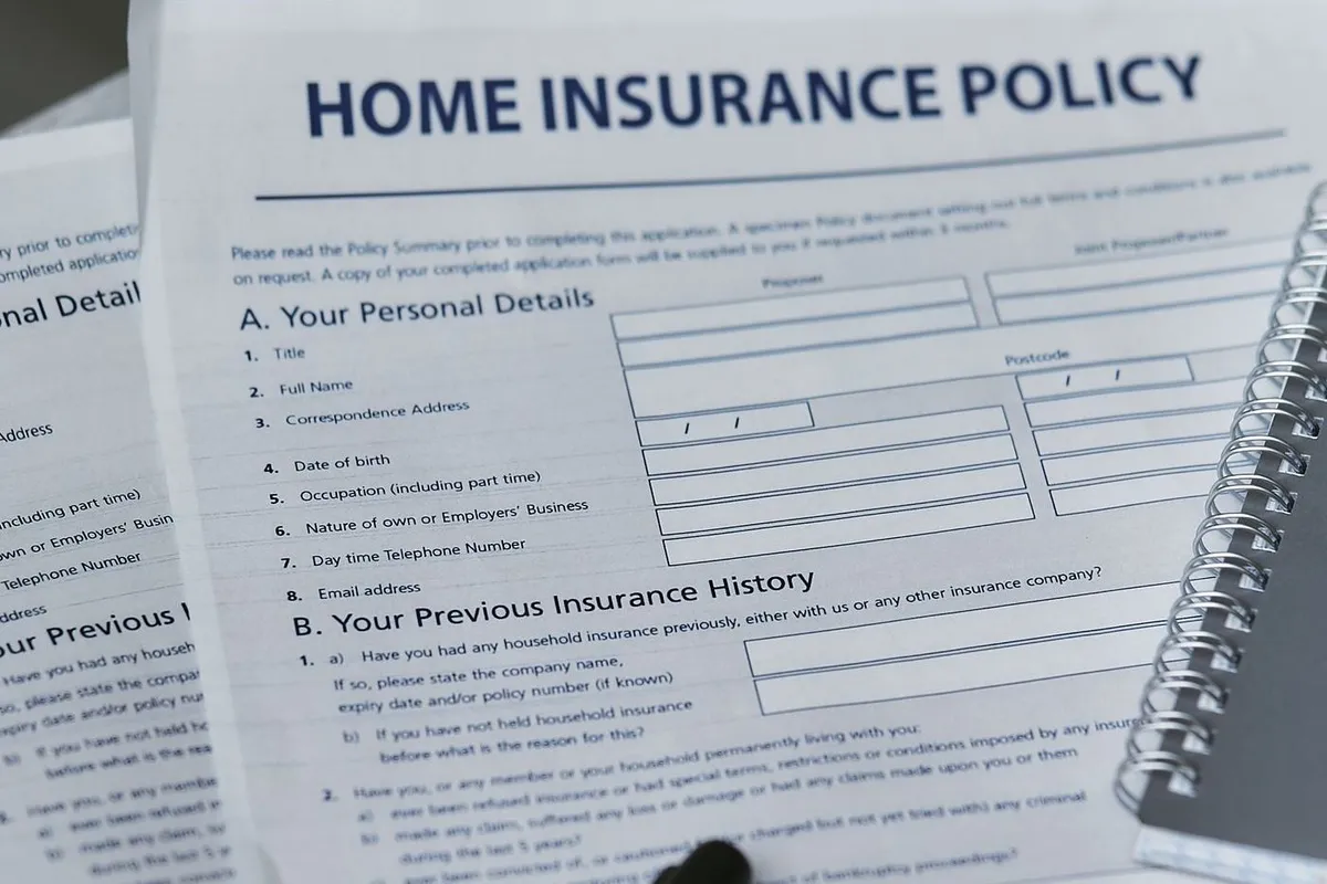 Home insurance policy application form on a table with a pen and a spiral notebook