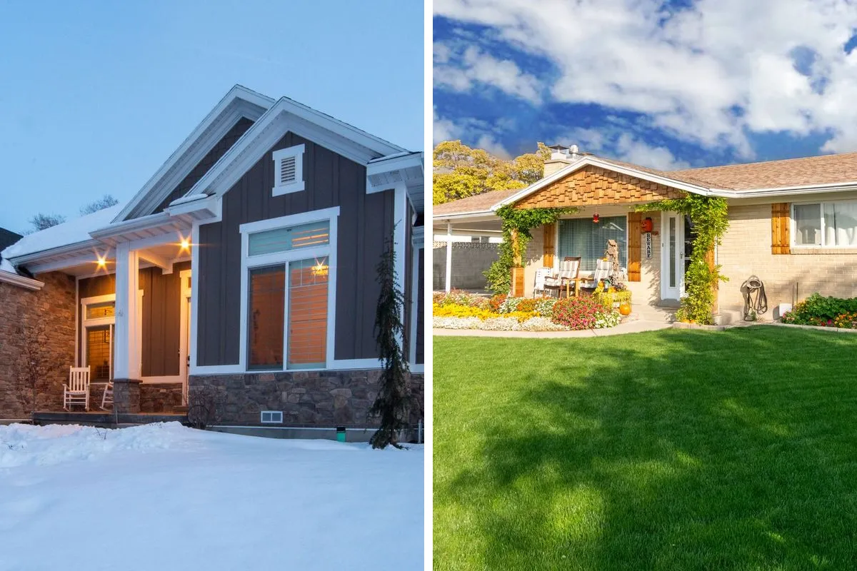 Two photos side by side: a house in snow at dusk with lit windows on the left, and a brick house with a green lawn under a blue summer sky on the right